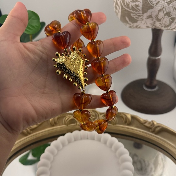 Anthropologie Bold Heart Statement Necklace Resin Beads Stainless Steel Pendant - Picture 7 of 11